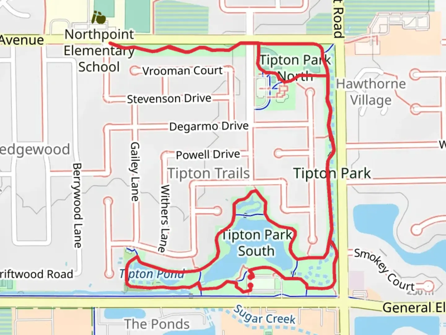 An image depicting the trail Tipton Park and Tipton Park North Loop and its surrounding area.