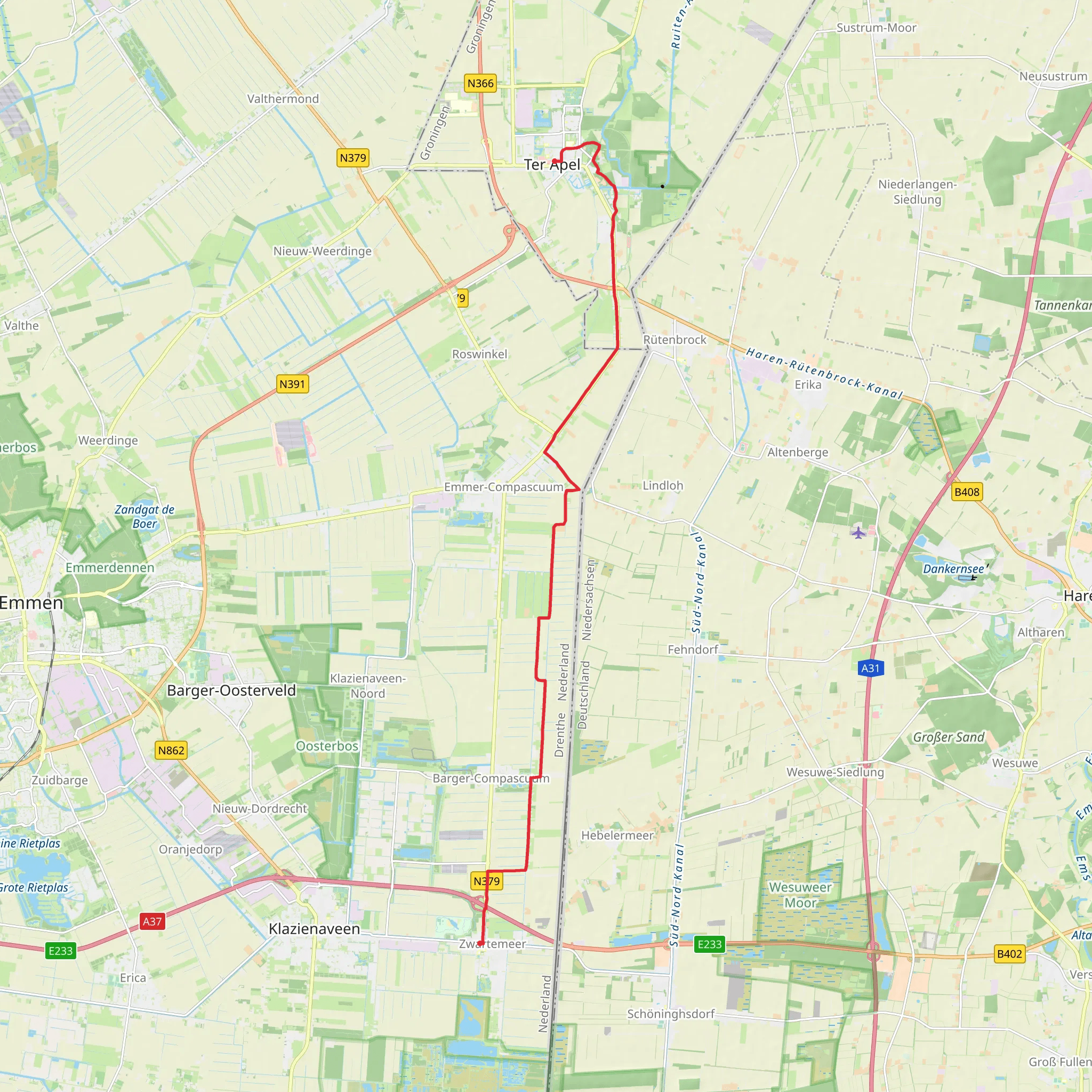Ter Apel to Zwartemeer via Limiet Weg - Oost mobile static map