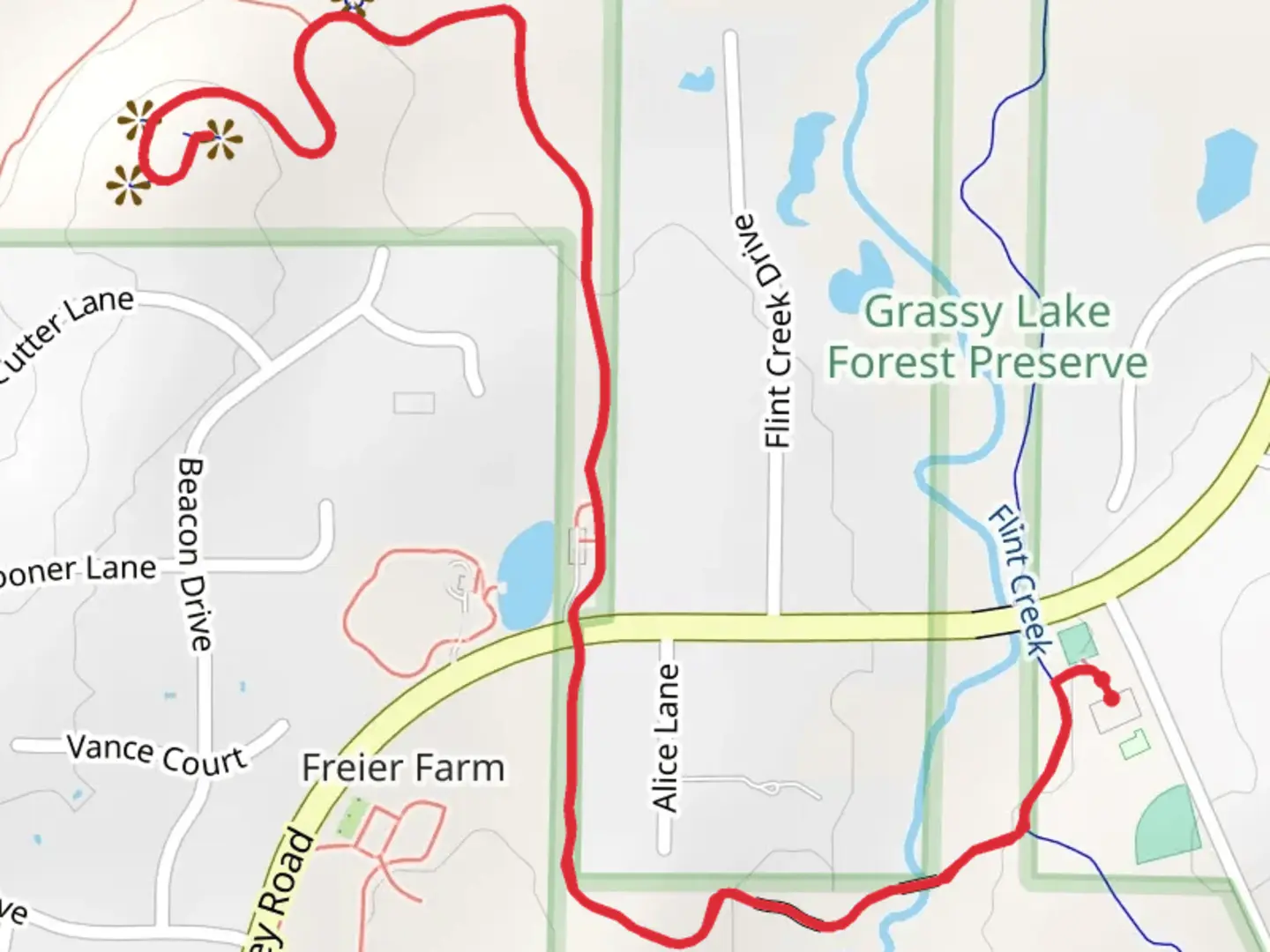 An image depicting the trail Red Trail - Grassy Lake Forest Preserve and its surrounding area.
