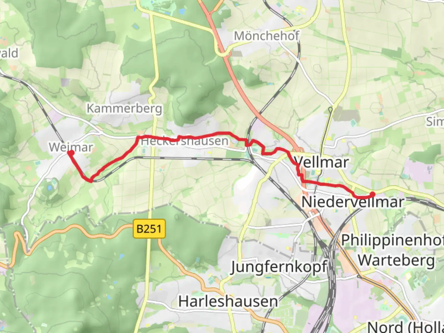 An image depicting the trail Niedervellmar to Weimar Walk via Ahnepark and its surrounding area.