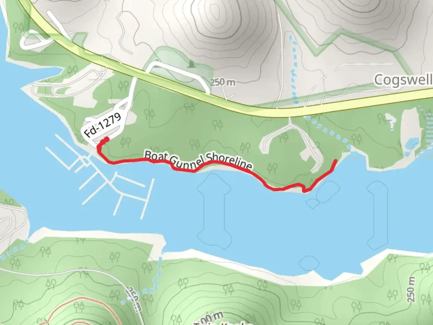 An image depicting the trail Boat Gunnel Shoreline and its surrounding area.