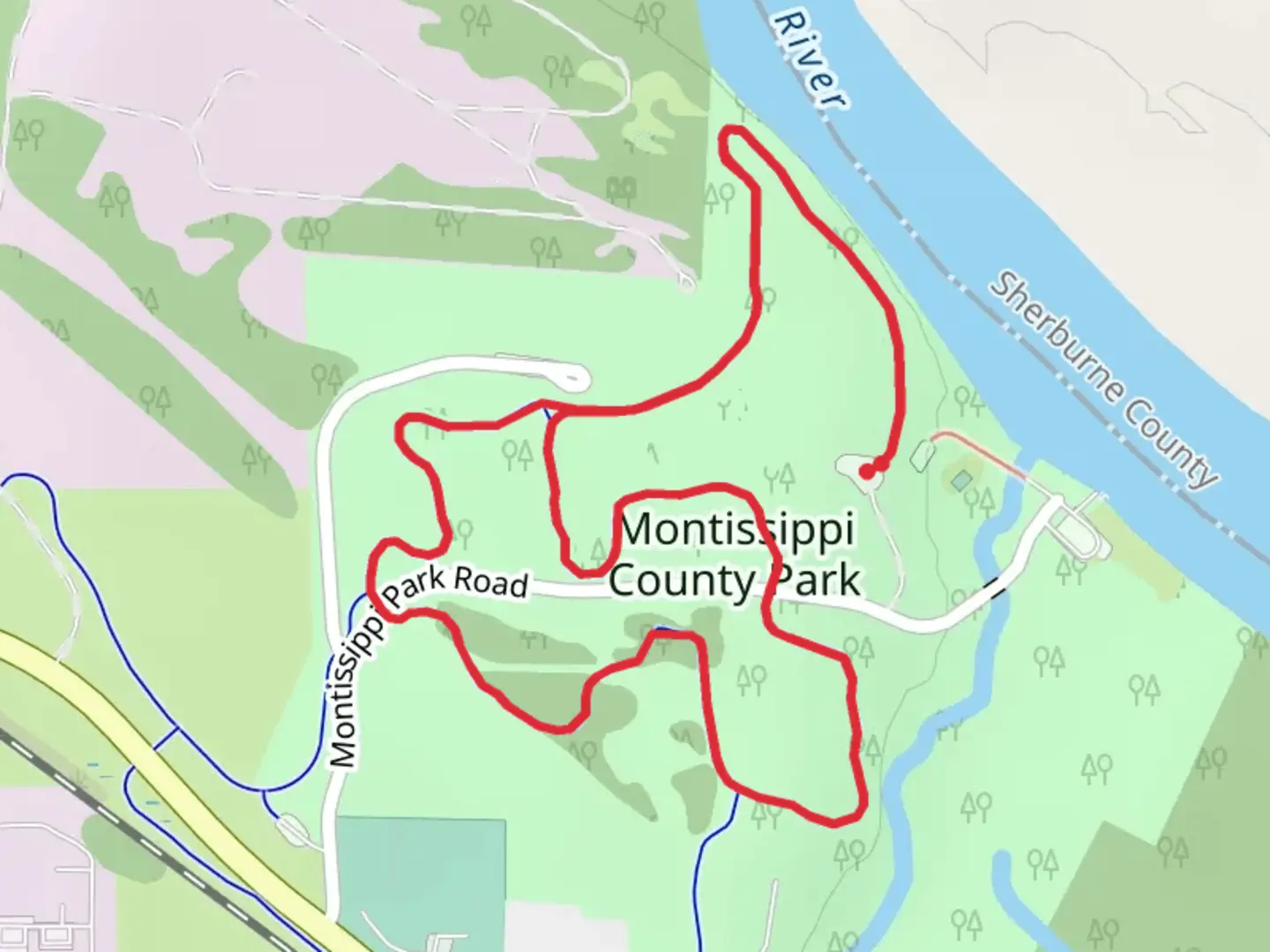 An image depicting the trail Montissippi County Park Loop and its surrounding area.