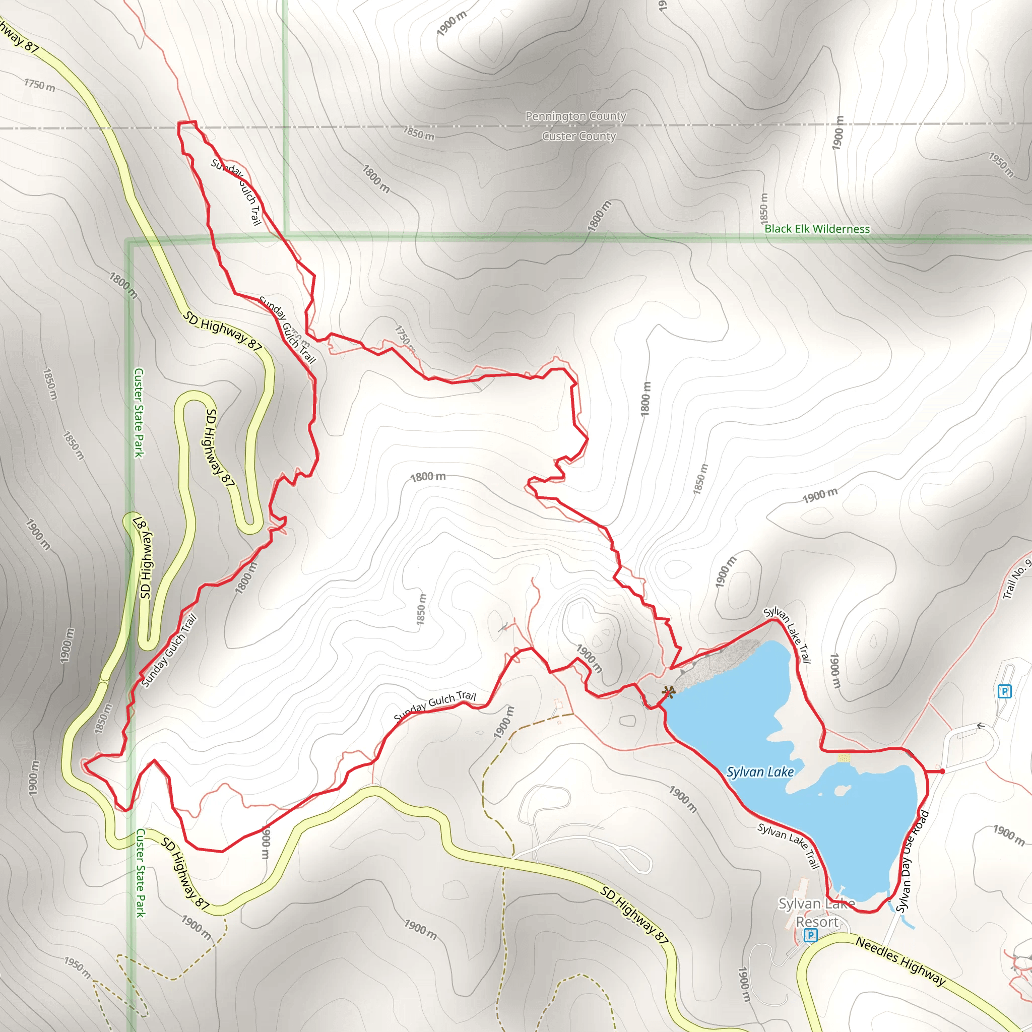 Sylvan Lake and Sunday Gulch Loop Trail mobile static map