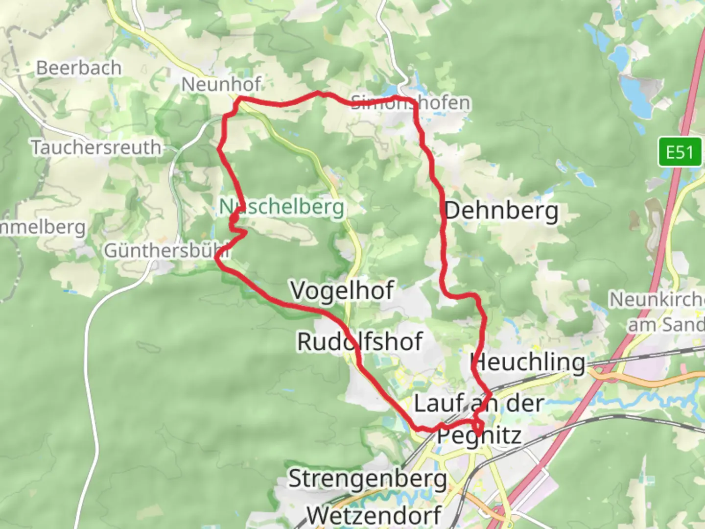An image depicting the trail Nuschelberg and Lauf Loop and its surrounding area.