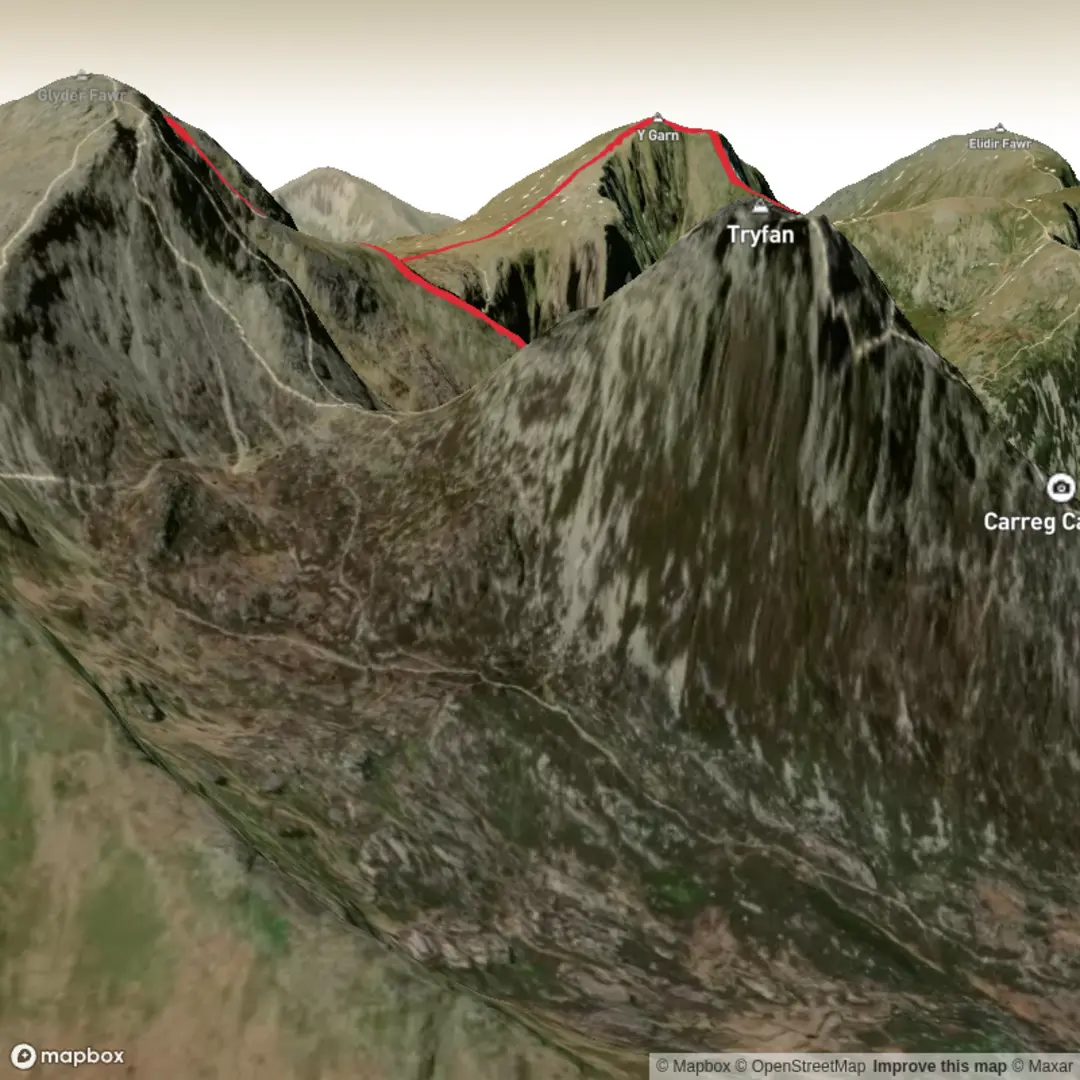 An image depicting the trail Y Garn and The Glyders via Y Gribin Ridge and its surrounding area.