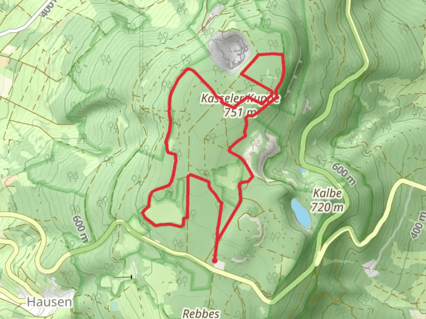 An image depicting the trail Kasseler Kuppe Loop via Frau Holle Pfad and its surrounding area.