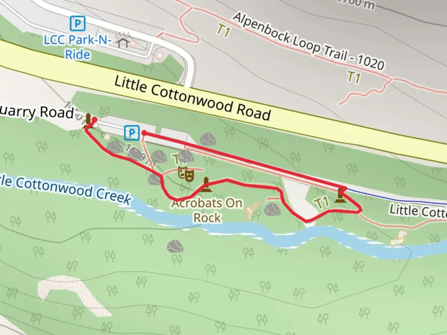 An image depicting the trail Temple Quarry Interpretive Trail and Little Cottonwood Creek Trail and its surrounding area.