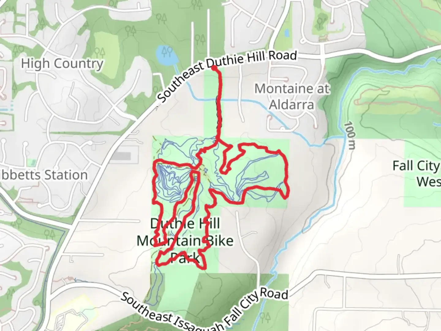 An image depicting the trail Duthie Hill Trail and Boot Camp Loop and its surrounding area.