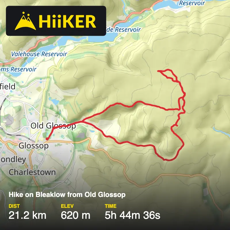 A map preview of the recording Hike on Bleaklow from Old Glossop.