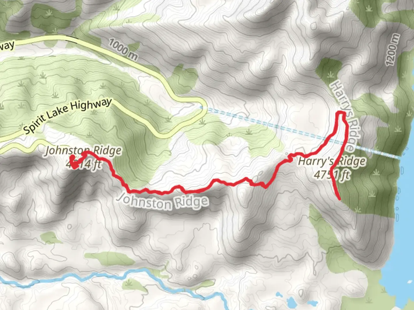 An image depicting the trail Johnston Ridge and Harry's Ridge and its surrounding area.
