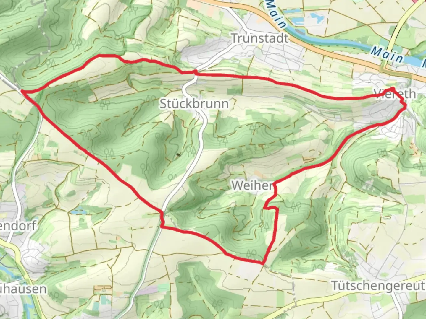 An image depicting the trail Viereth Trunstadt and Weiher Loop via Weinberg and its surrounding area.