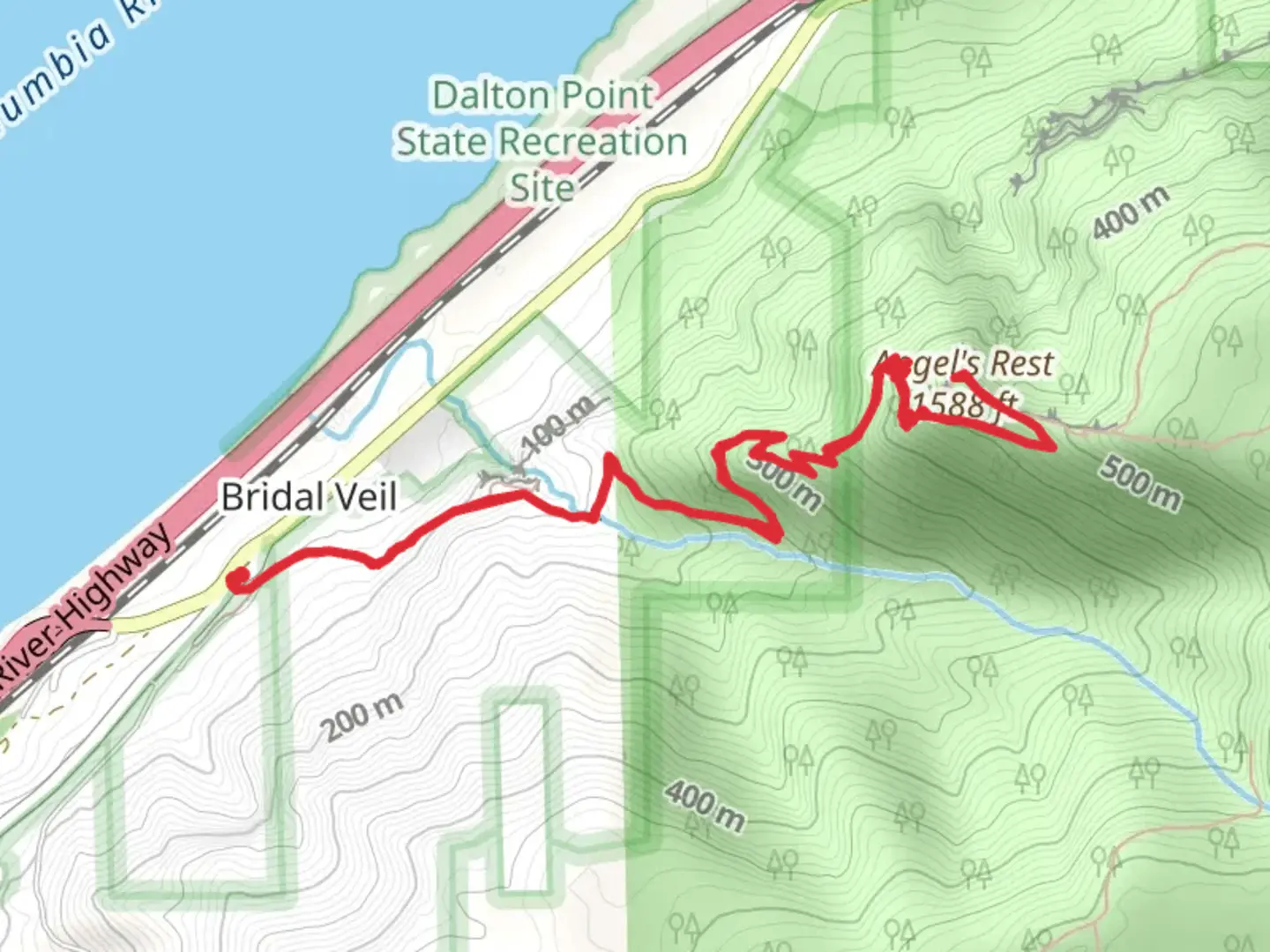 An image depicting the trail Angel's Rest Trail Out and Back and its surrounding area.