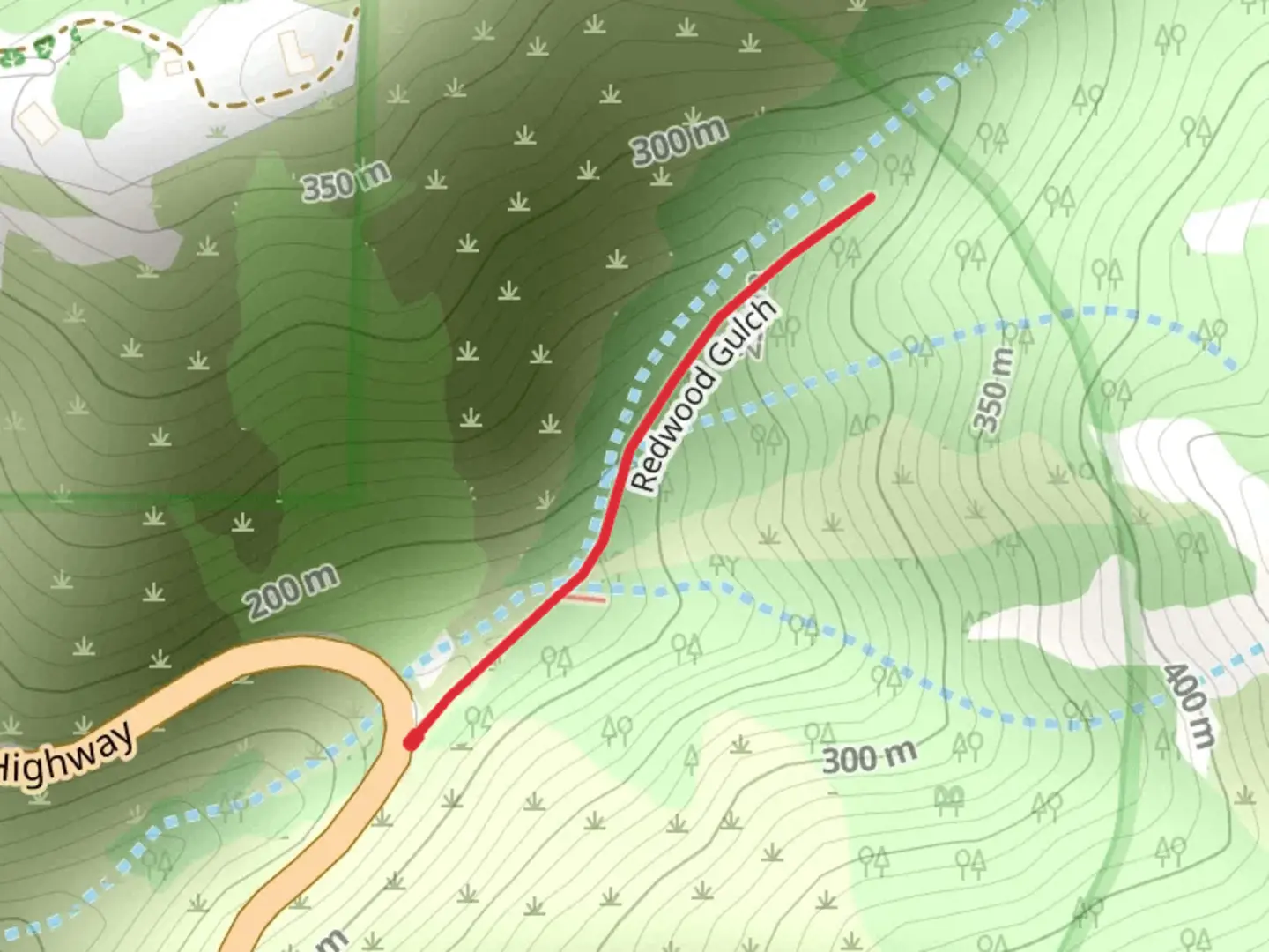 An image depicting the trail Redwood Gulch and its surrounding area.