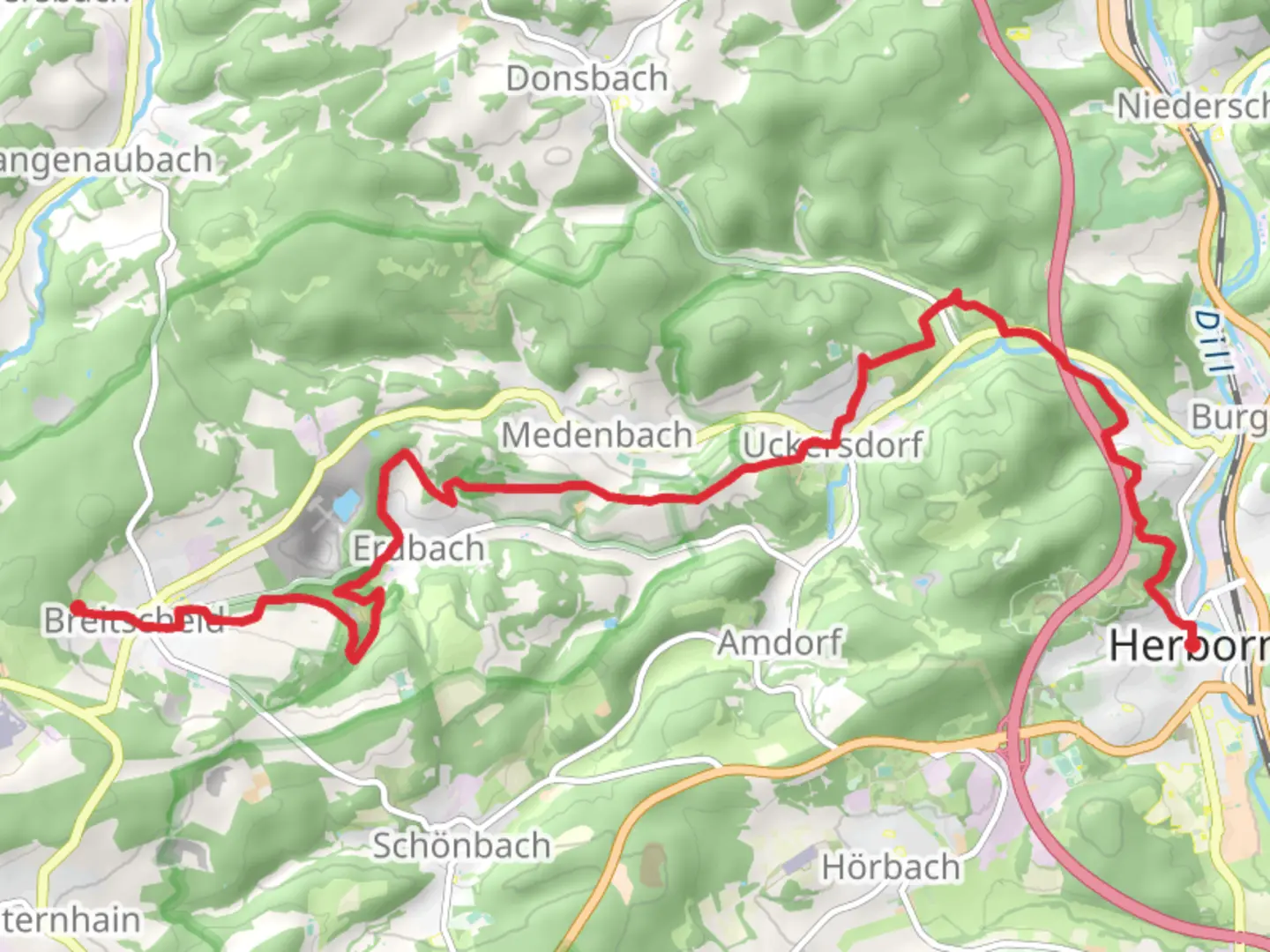 An image depicting the trail Herborn to Breitscheid Walk and its surrounding area.