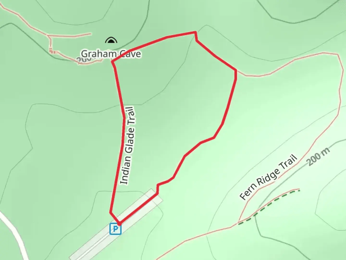 An image depicting the trail Indian Glade and Graham Cave Loop Trail and its surrounding area.