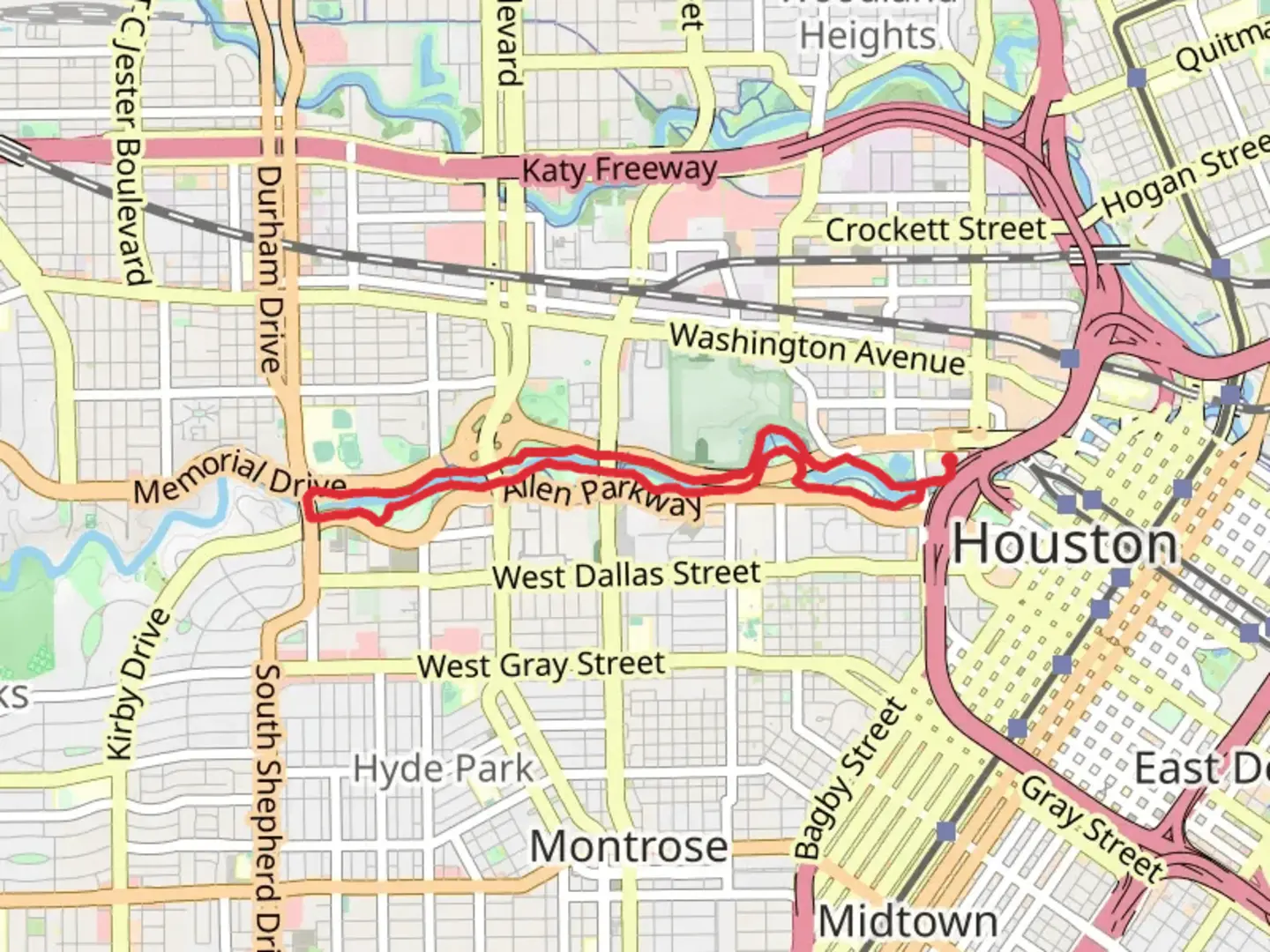 An image depicting the trail Buffalo Bayou Park via Kinder Footpath and its surrounding area.