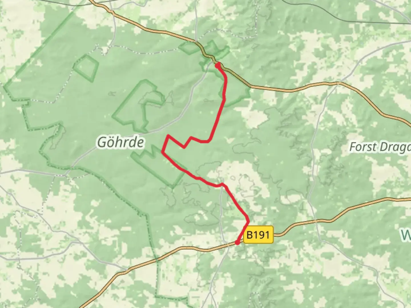 An image depicting the trail Göhrde to Zernien viaDrawehn-Hoehenweg and its surrounding area.