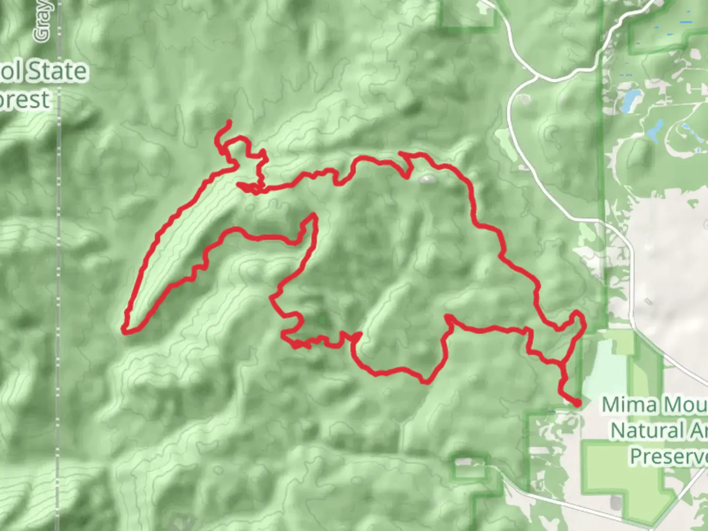 An image depicting the trail Mima Falls West, Lost Valley and McKenny Loop and its surrounding area.