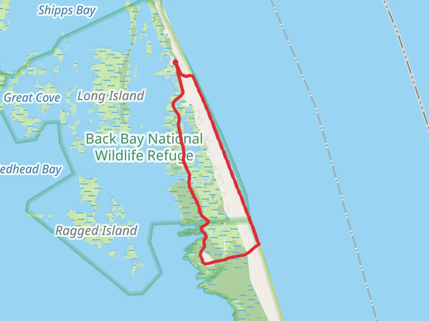 An image depicting the trail East Dike Trail Loop - Back Bay National Wildlife Refuge and its surrounding area.