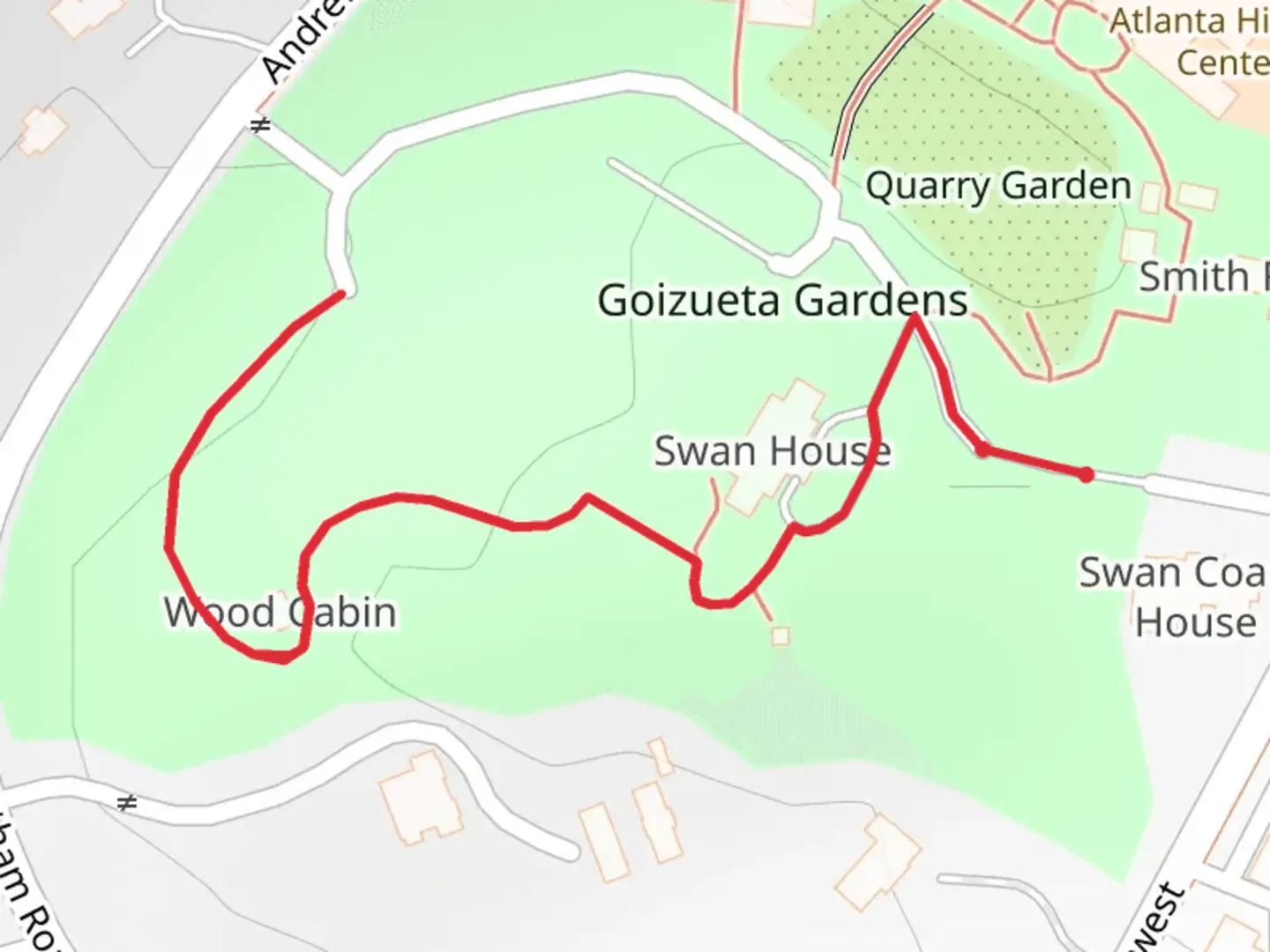 An image depicting the trail Goizueta Gardens and its surrounding area.