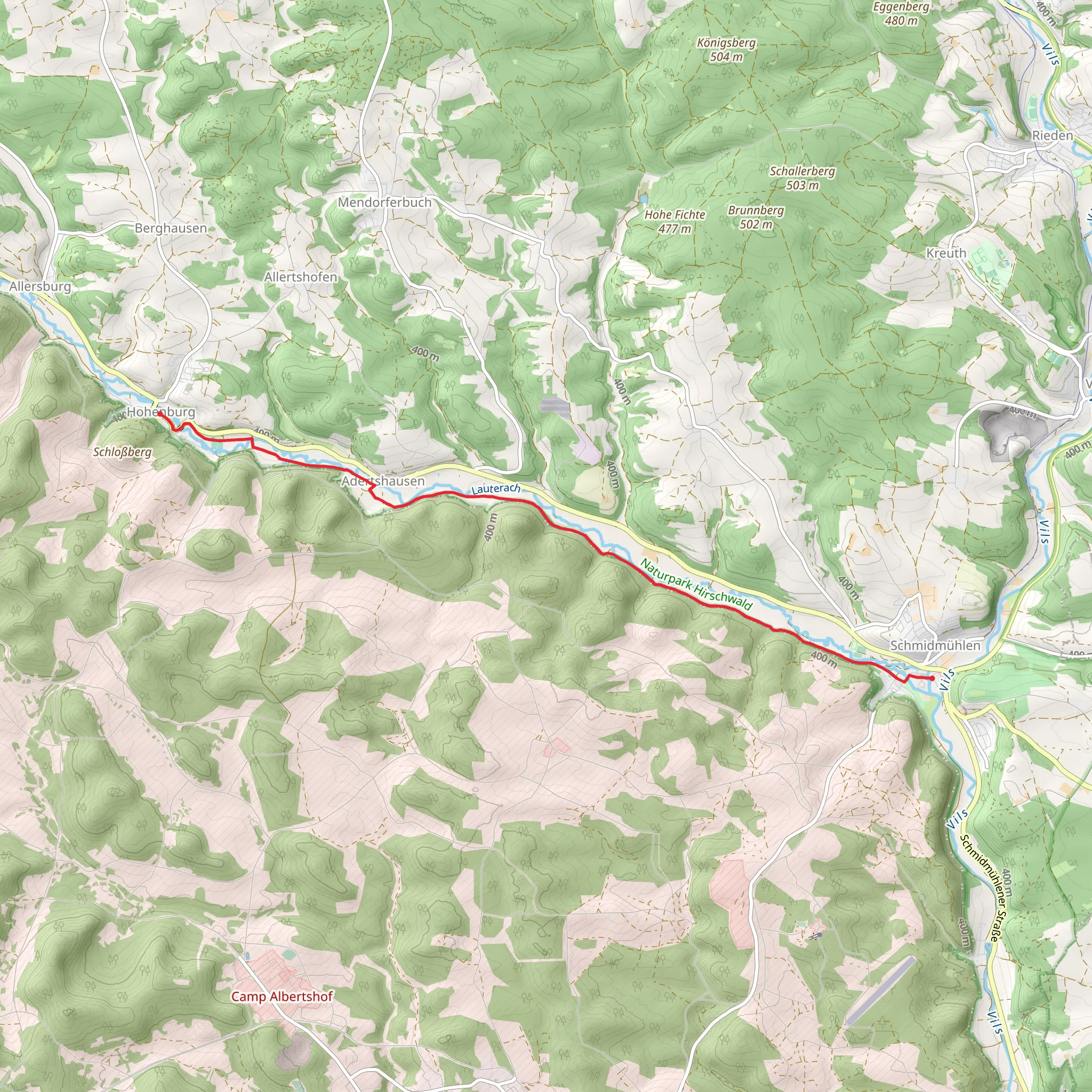 Hohenburg to Schmidmuehlen via Gelbstrich mobile static map