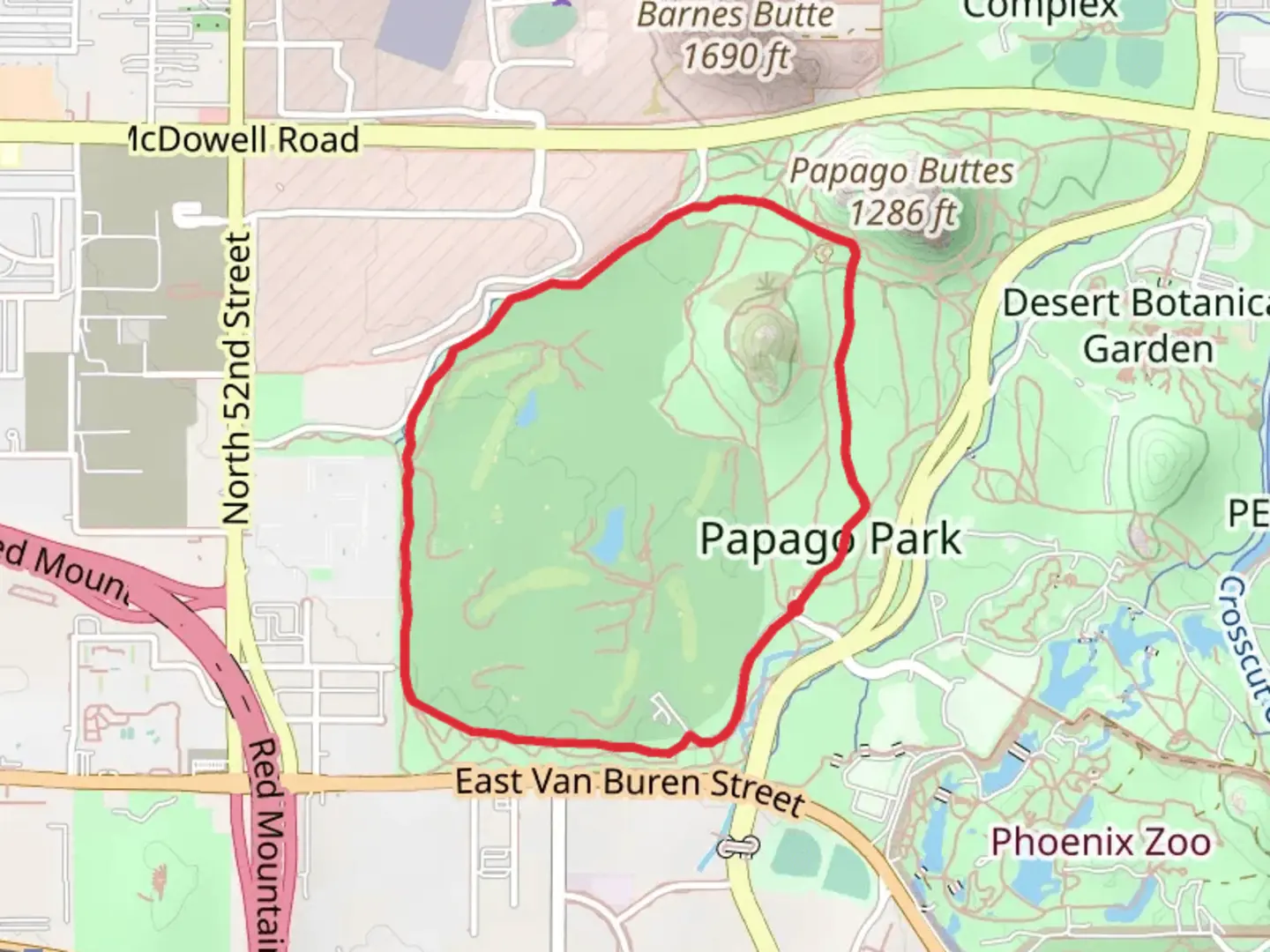 An image depicting the trail Papago Park - Elliot Ramada Loop - 5k Trail and its surrounding area.