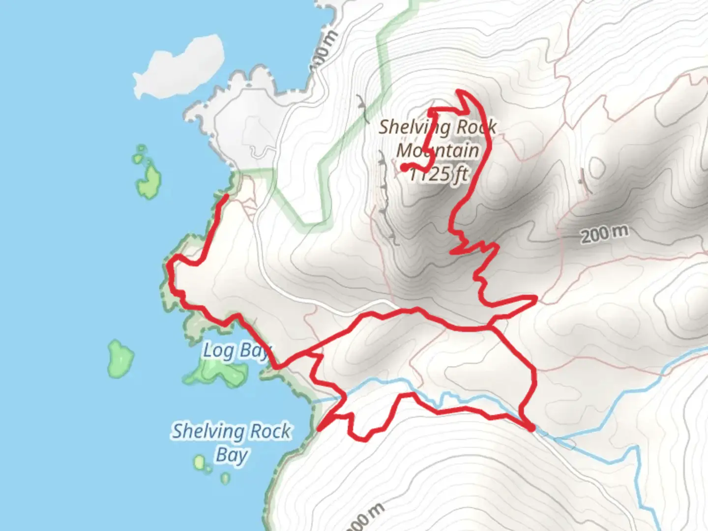 An image depicting the trail Shelving Rock Mountain and Shelving Rock Bay Trail and its surrounding area.