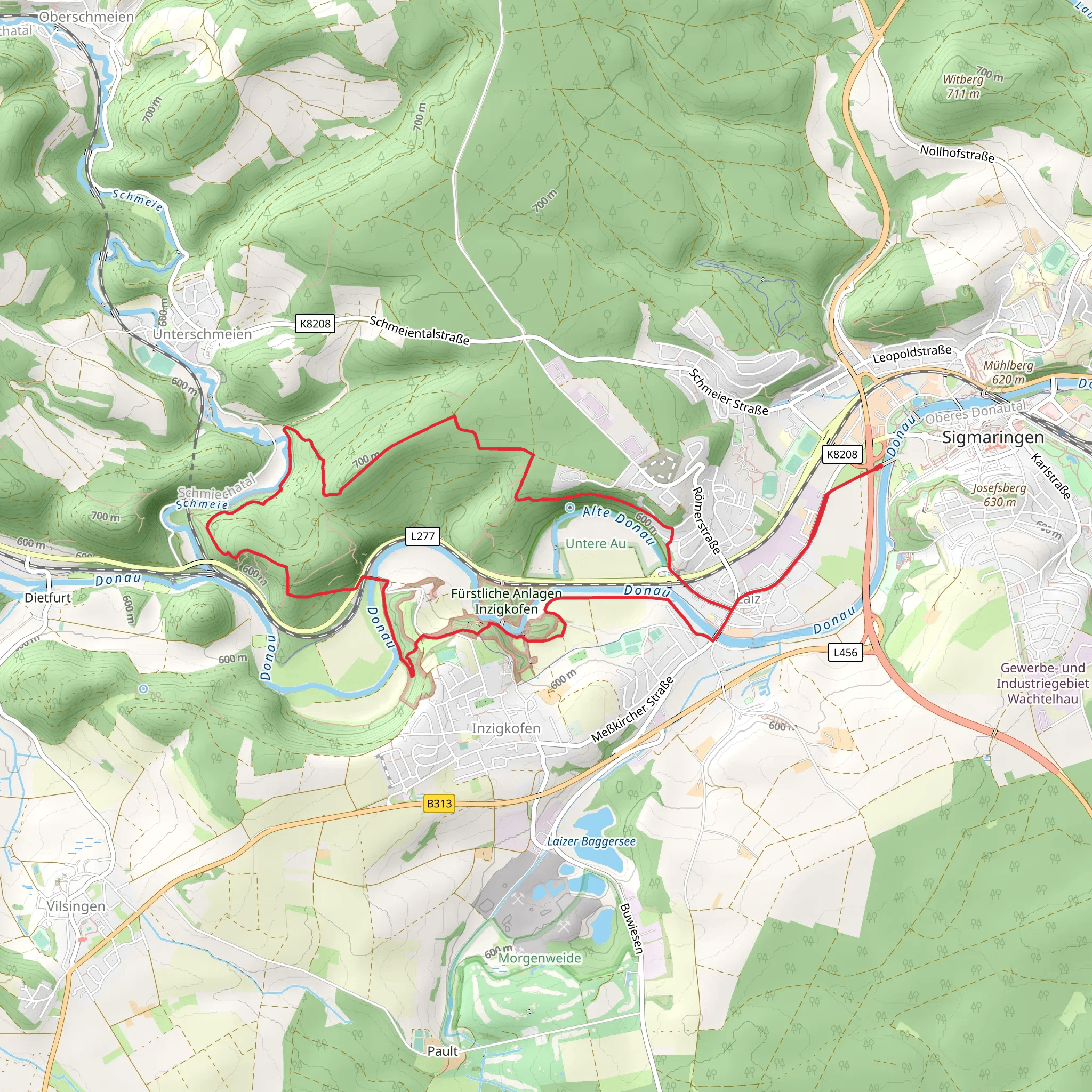 Donau Zollernalb Weg and Sigmaringen Scheuerlebuehl Loop mobile static map