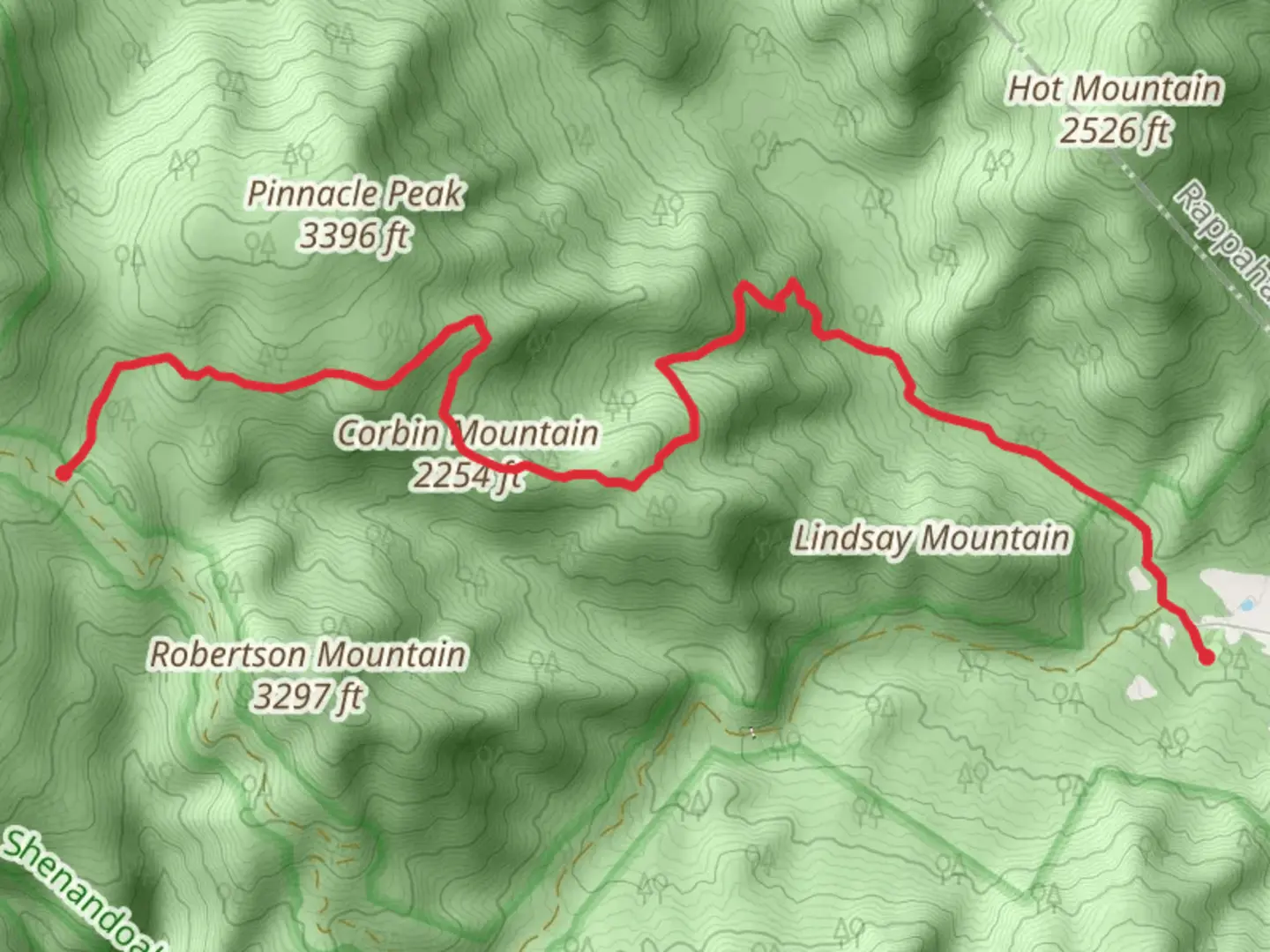 An image depicting the trail Corbin Mountain via Nicholson Hollow Trail and its surrounding area.