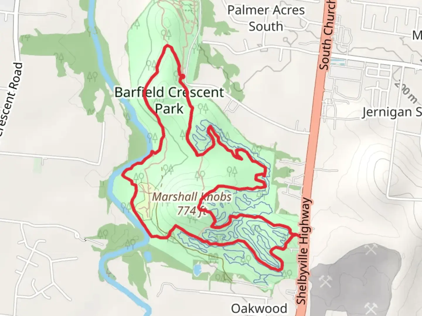 An image depicting the trail Barfield Crescent Park Loop and its surrounding area.