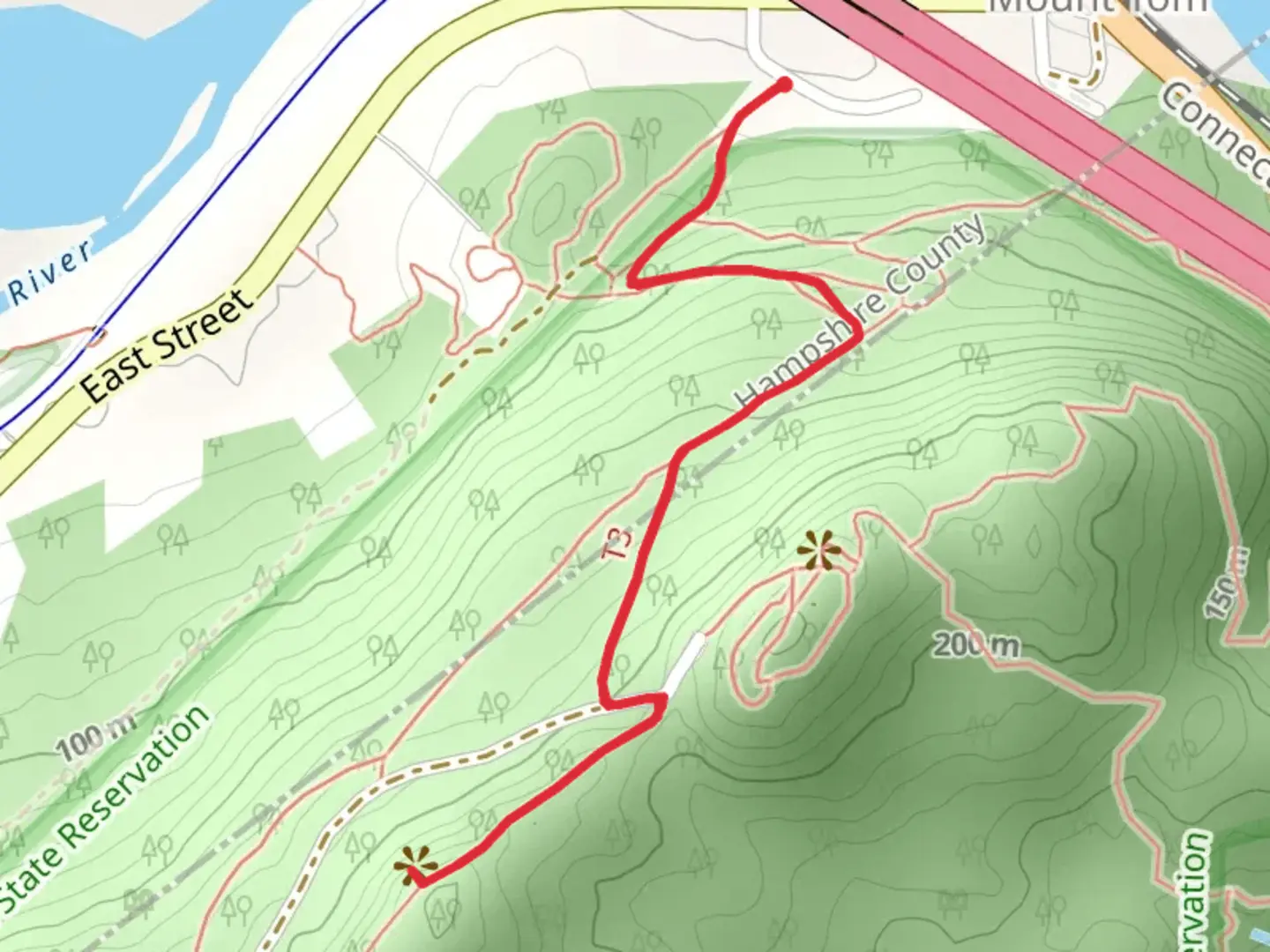 An image depicting the trail Dry Knoll via Metacomet - Monadnock Trail and its surrounding area.