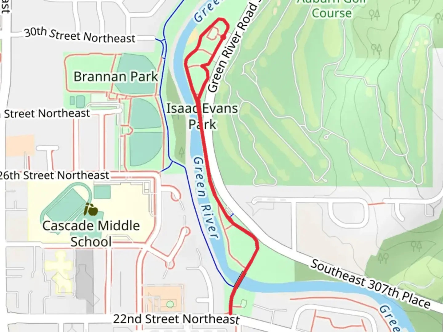 An image depicting the trail Isaac Evans Park and its surrounding area.