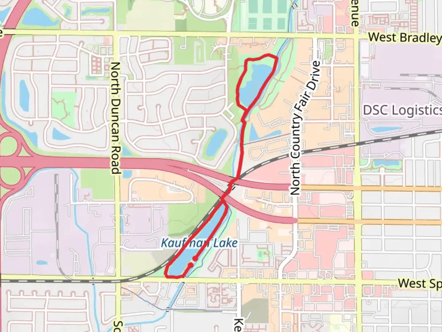 An image depicting the trail Kaufman Lake and Heritage Park Loop and its surrounding area.