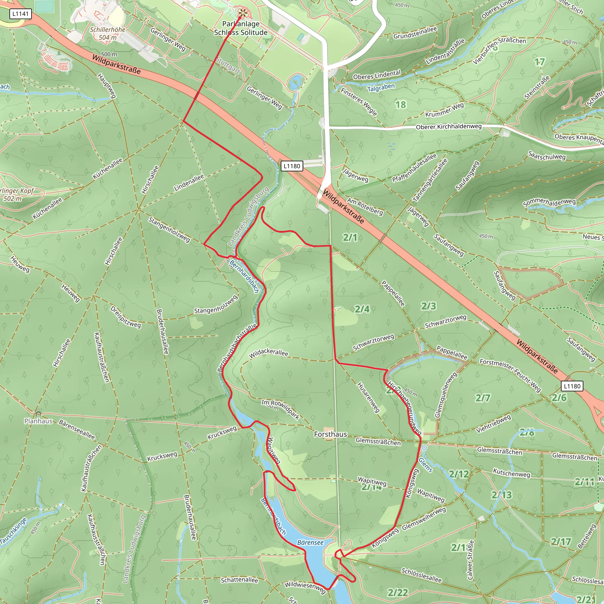 Bärensee and Wezeleiche Loop via Schloss Solitude mobile static map