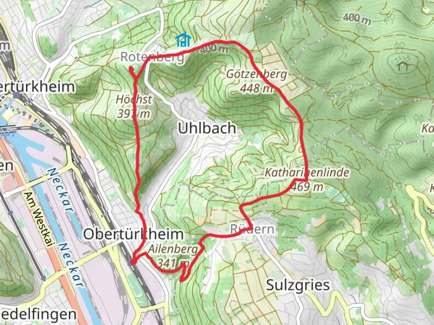 An image depicting the trail Obertürkheim and Esslinger Hoehenweg and its surrounding area.