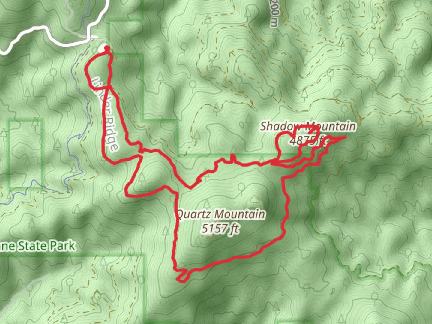 An image depicting the trail Shadow Mountain Loop via Wild Moose and Quartz Mountain and its surrounding area.