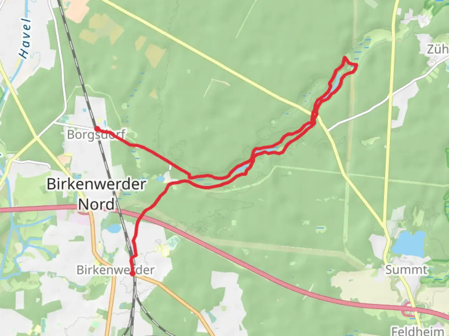 An image depicting the trail Borgsdorf to Birkenwerder Walk via Briese and its surrounding area.