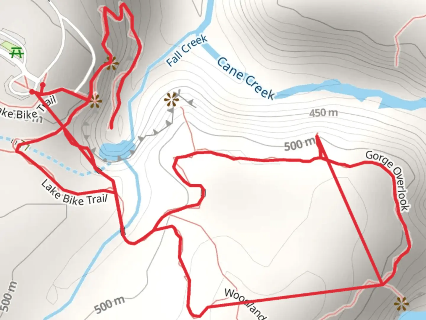 An image depicting the trail Gorge Overlook and Woodland Loop and its surrounding area.