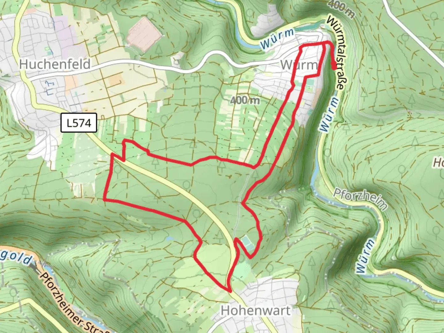 An image depicting the trail Breitenwald Loop from Wurm and its surrounding area.