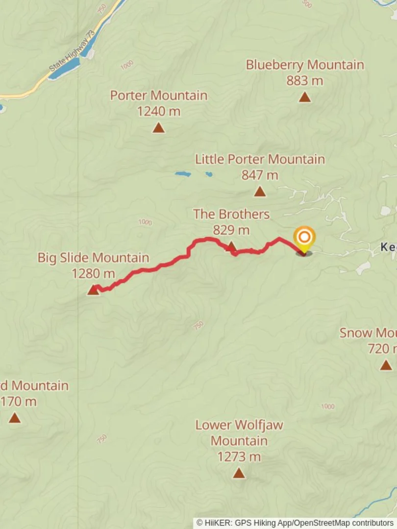 An image depicting the trail Big Slide Mountain via The Brothers Trail and its surrounding area.