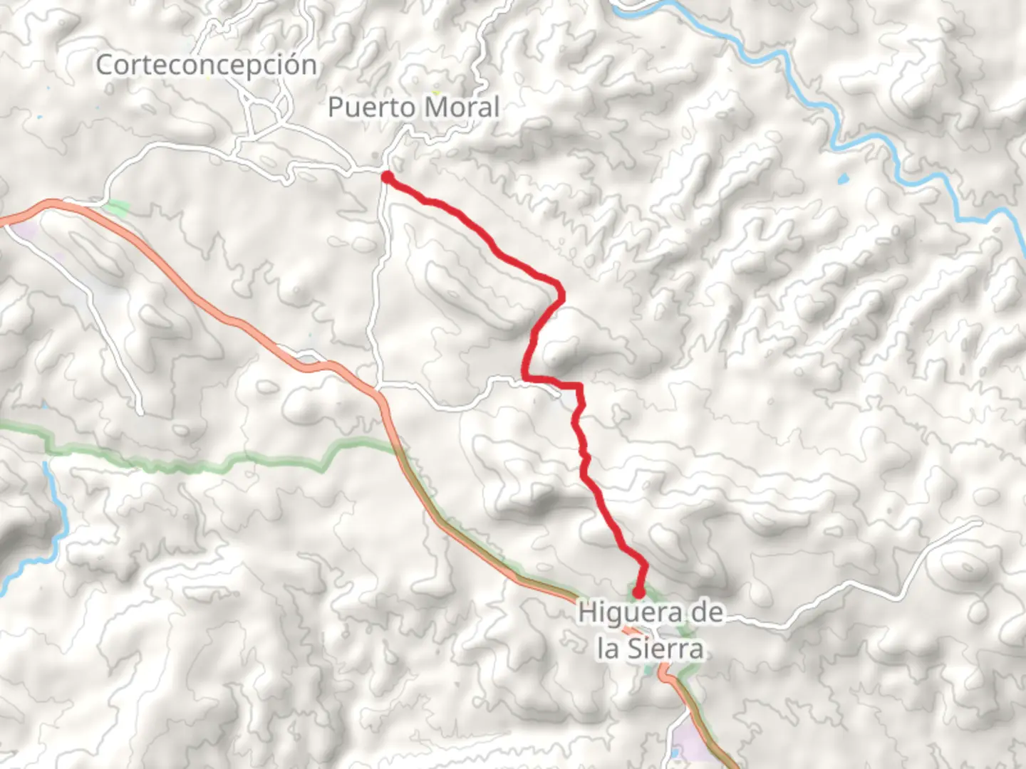 An image depicting the trail Higuera de la Sierra - Puerto Moral and its surrounding area.