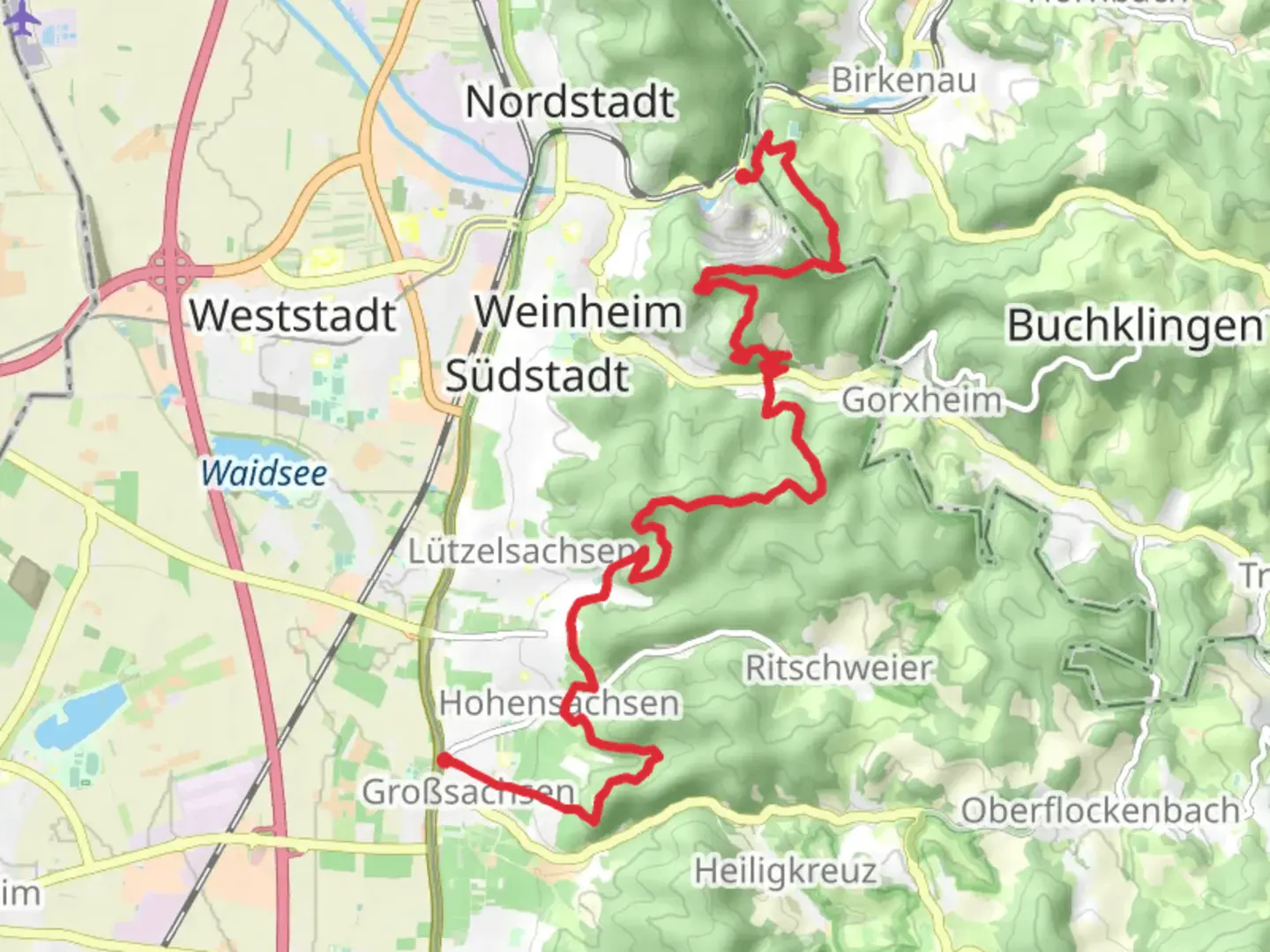 An image depicting the trail Birkenau to Grosssachsen Walk and its surrounding area.