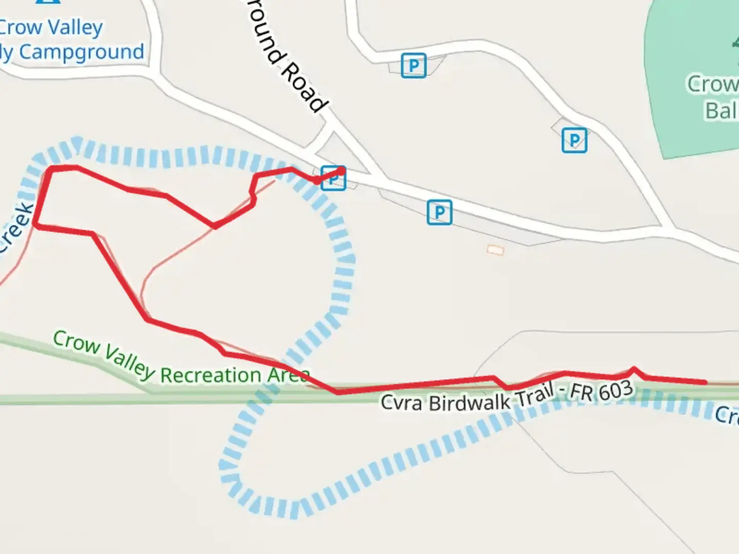 An image depicting the trail Crow Valley Recreation Area Birdwalk Trail and its surrounding area.