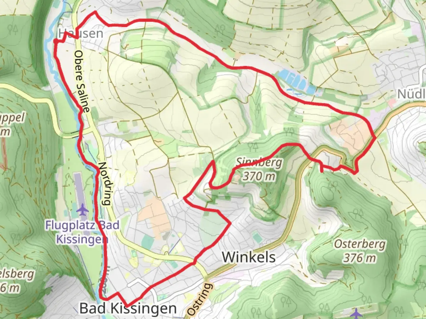 An image depicting the trail Fraenkische Saale via Karolingerweg and Kissinger Runde and its surrounding area.