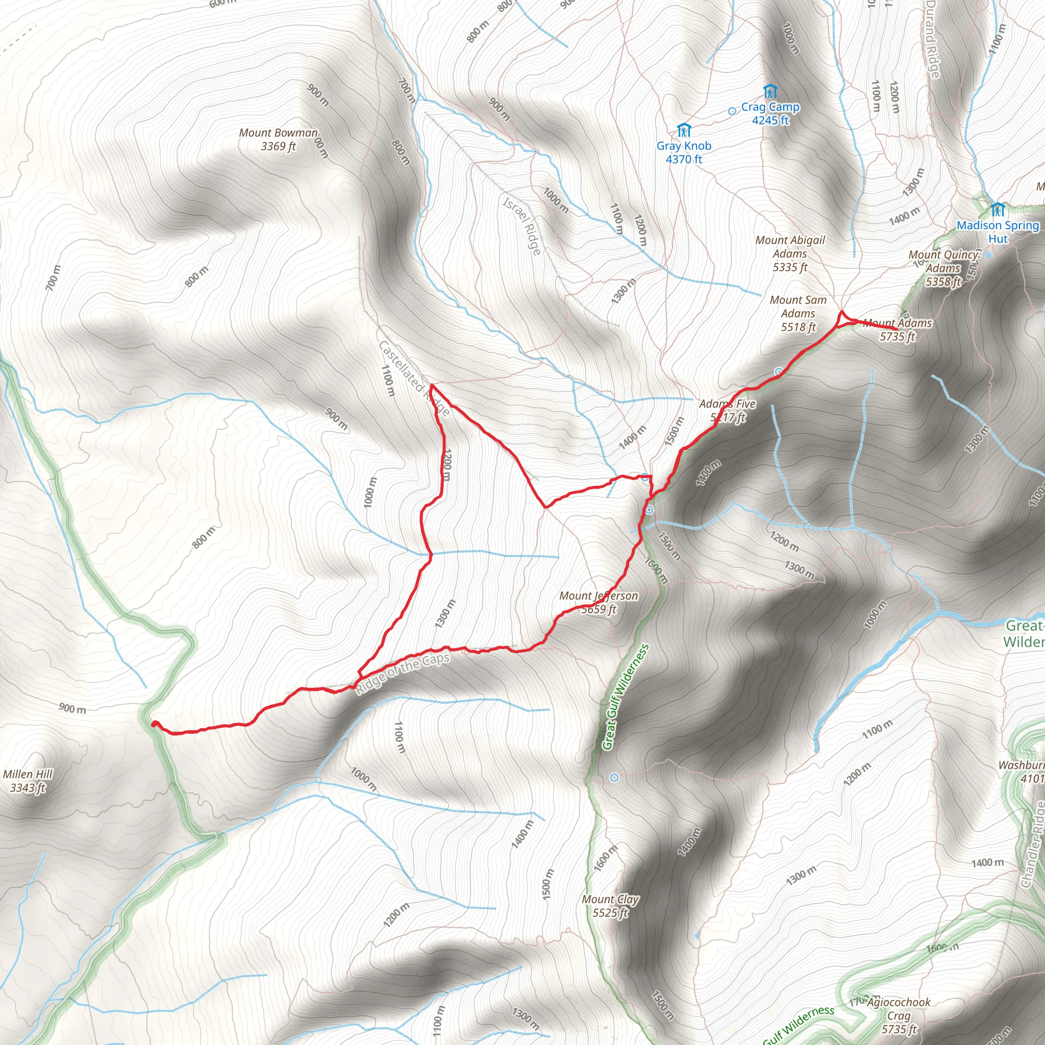 Mount Jefferson and Mount Quincy Adams Loop via Caps Ridge Trail mobile static map
