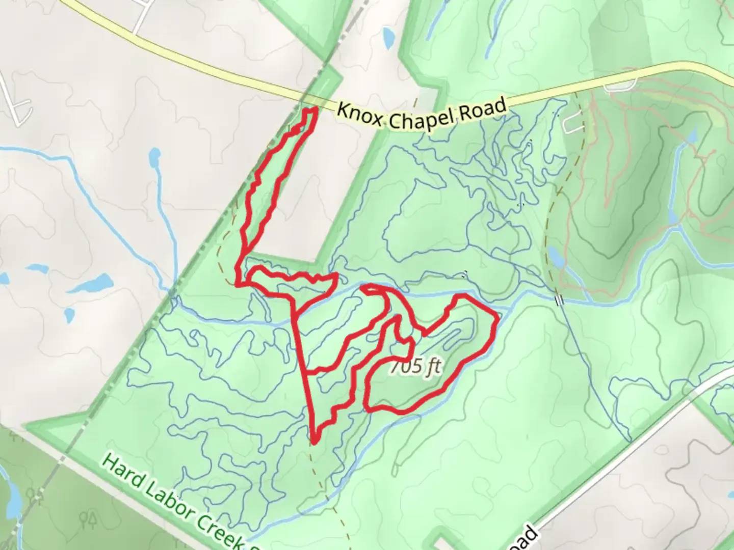 An image depicting the trail Rocky Creek and Blue and Orange Loop and its surrounding area.