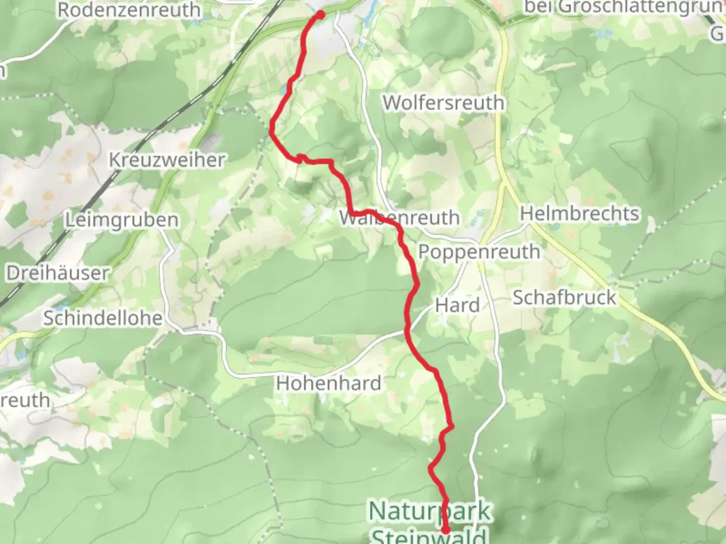 An image depicting the trail Ruine Weissenstein to Waldershof via Burgenweg and its surrounding area.