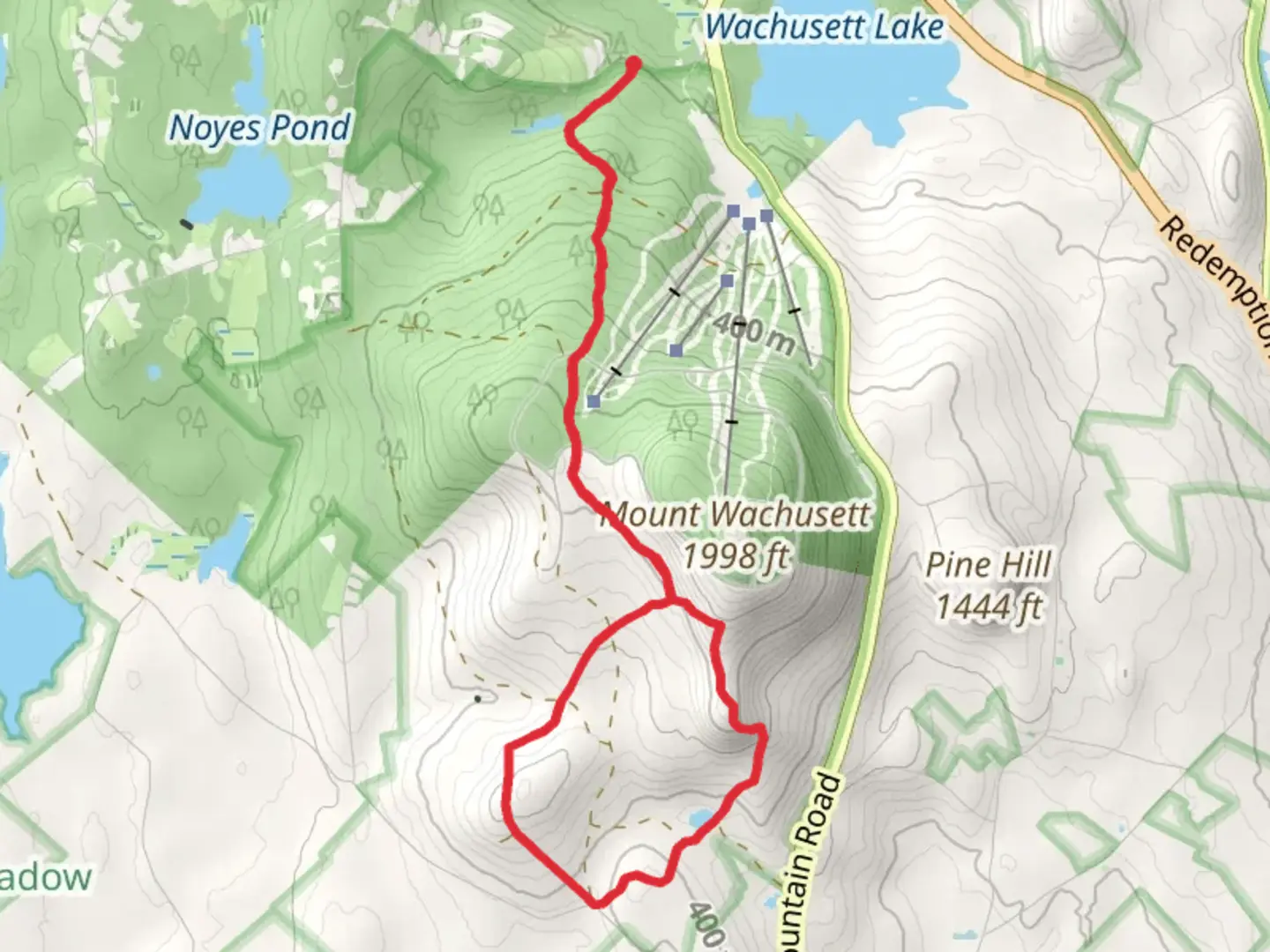 An image depicting the trail Mount Wachusett and Echo Lake via Midstate Trail and its surrounding area.