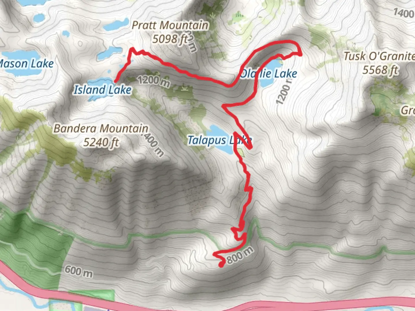 An image depicting the trail Talapus Lake Trail and Island Lake trail and its surrounding area.