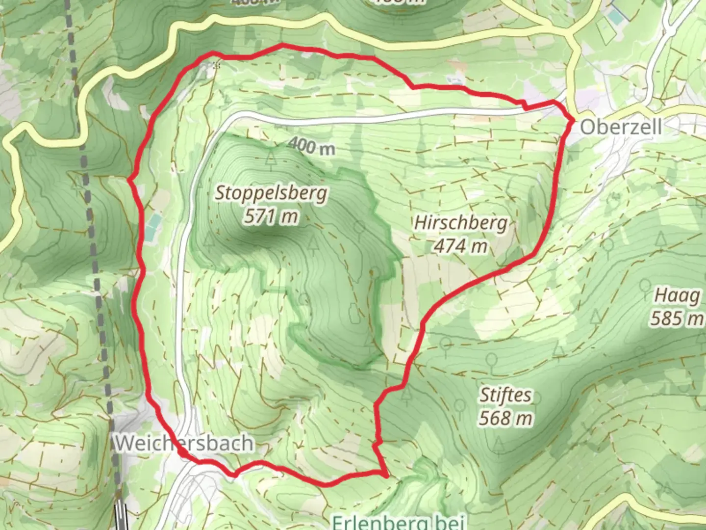 An image depicting the trail Weichersbach Gruene Geiss and its surrounding area.